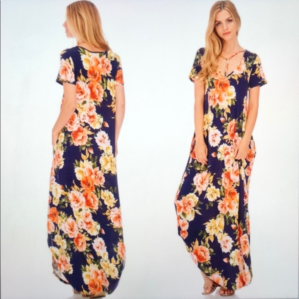 navy blue floral print maxi dress